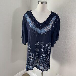 NEW Greater Good Tunic Top Womens Plus 2X Blue Embroidered Sequin Floral Boho
